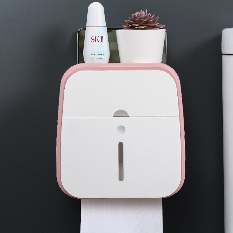 Oneup vægmonteret toiletpapirholder hylde hjem vandtæt toiletpapir bakke rulle dispenser opbevaringsboks badeværelse tilbehør: Lyserød