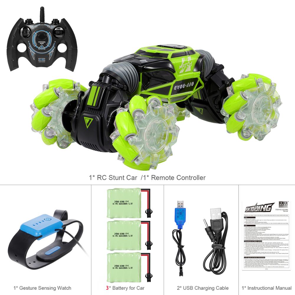 RC Stunt Car 4WD Watch Gesture Sensor Control Deformable Electric Car All-Terrain Transformable Car Auto-demo for Kids: Green 3 Batteries