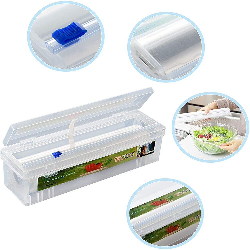 Plastic Voedsel Wrap Dispenser Met Glijbaan Cutter Verstelbare Vershoudfolie Snijder Behoud Folie Opbergdoos Met Zuignap Bodem