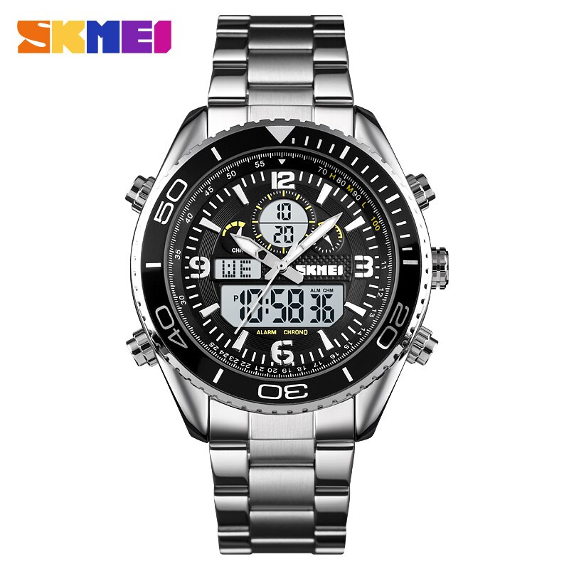 SKMEI 1600 Dual Display Watches Mens Digital Wristwatches Chrono Alarm Men Clock Waterproof Stainless Steel reloj hombre: silver white
