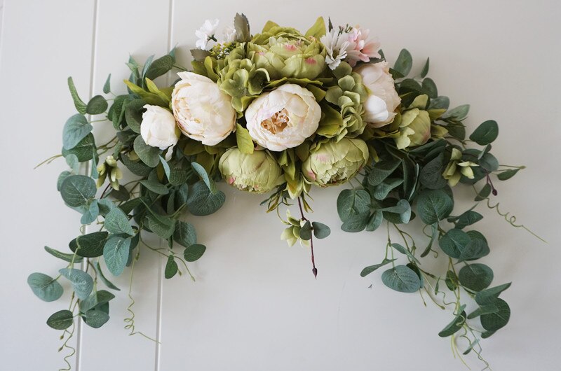 Kunstig peon rose blomst krans krans stol tilbake vindu speil vegg dør overligblomst hengende bryllup gårdshus dekorasjon