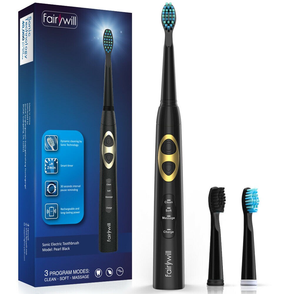 Fairywill Electric Sonic Rechargeable FW-917 Toothbrush USB Fast Charge Waterproof Electronic Tooth Replacement 3 Heads For Adu: Black
