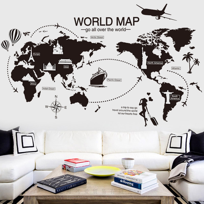 Zwart Wereldkaart Muursticker Vinyl DIY Wereld Reizen landmarks muurstickers voor woonkamer Slaapkamer studie wanddecoratie sticker