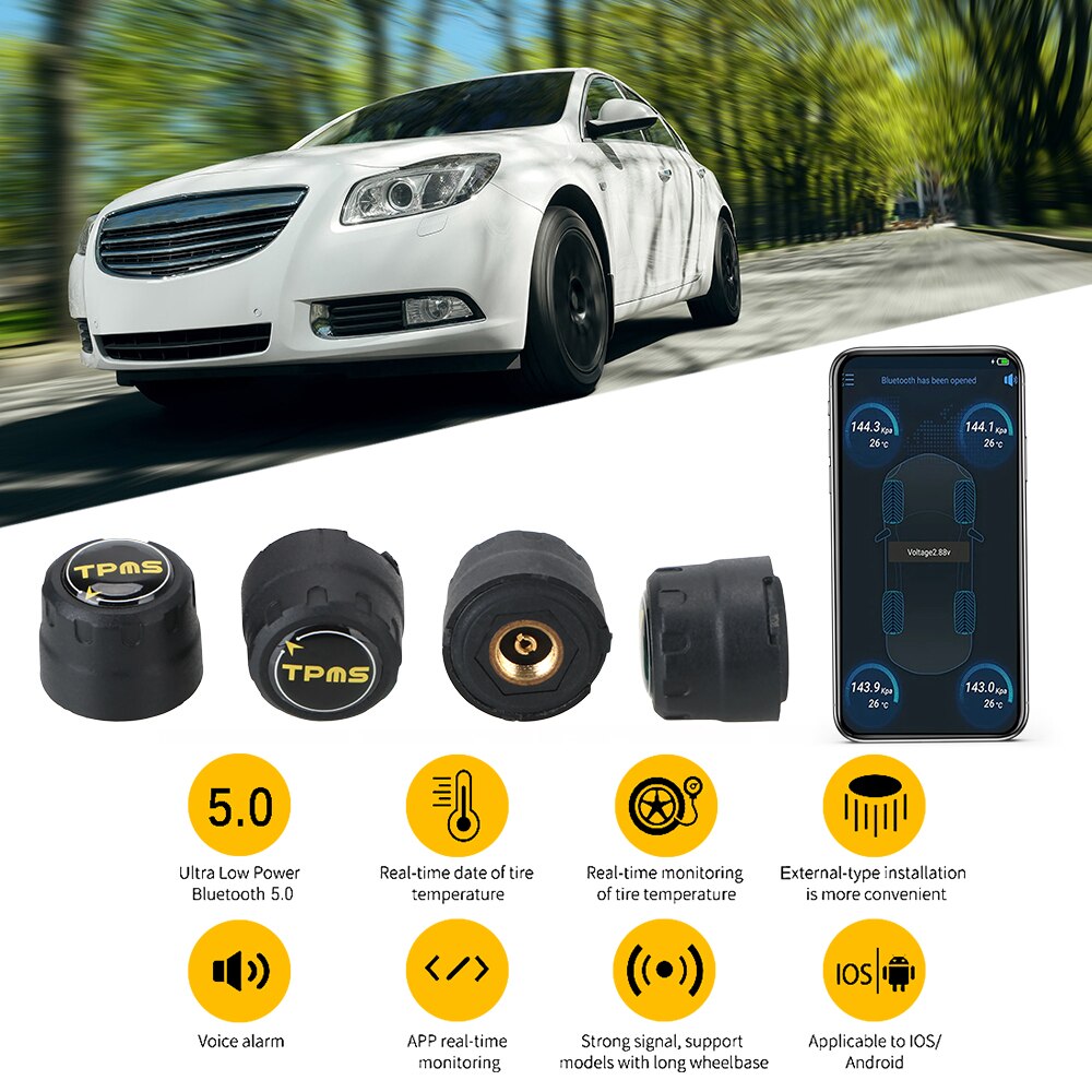 Ble Tpms Auto Bandenspanning Sensor Voor Android Ios App Display Bluetooth 4.0 5.0 Universele Externe Alarm Bandenspanning Sensoren