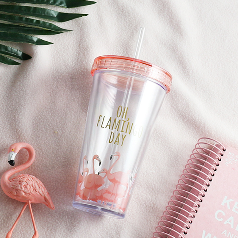 Flamingo plastik kopper med halm drinkware tegneserie drikke beholder dobbelt væg kaffe te mælk juice vand kop krus