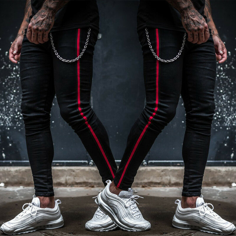Mænd hipster joggers gym træning bane side farve stribe bukser skinny bukser skateboard bukser –
