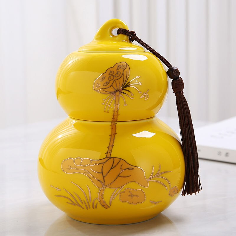Tarro de cerámica chino de Kung Fu para decoración del hogar, recipiente de almacenamiento sellado con forma de calabaza, accesorios para ceremonia del té, especias: Yellow