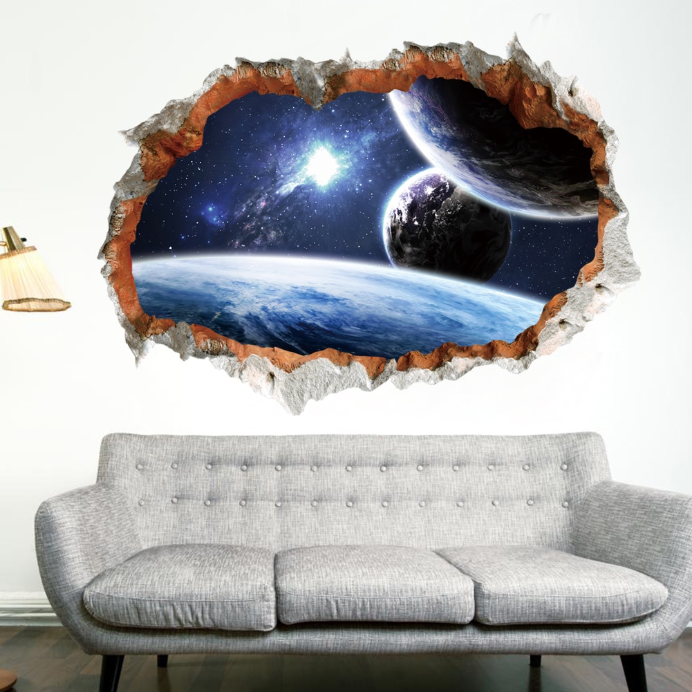 Pegatinas de pared de galaxia y estrella del espacio exterior 3D, calcomanías de pared rotas vívidas, póster, Mural de guardería, sala de estar, dormitorio, decoración del hogar, pegatina