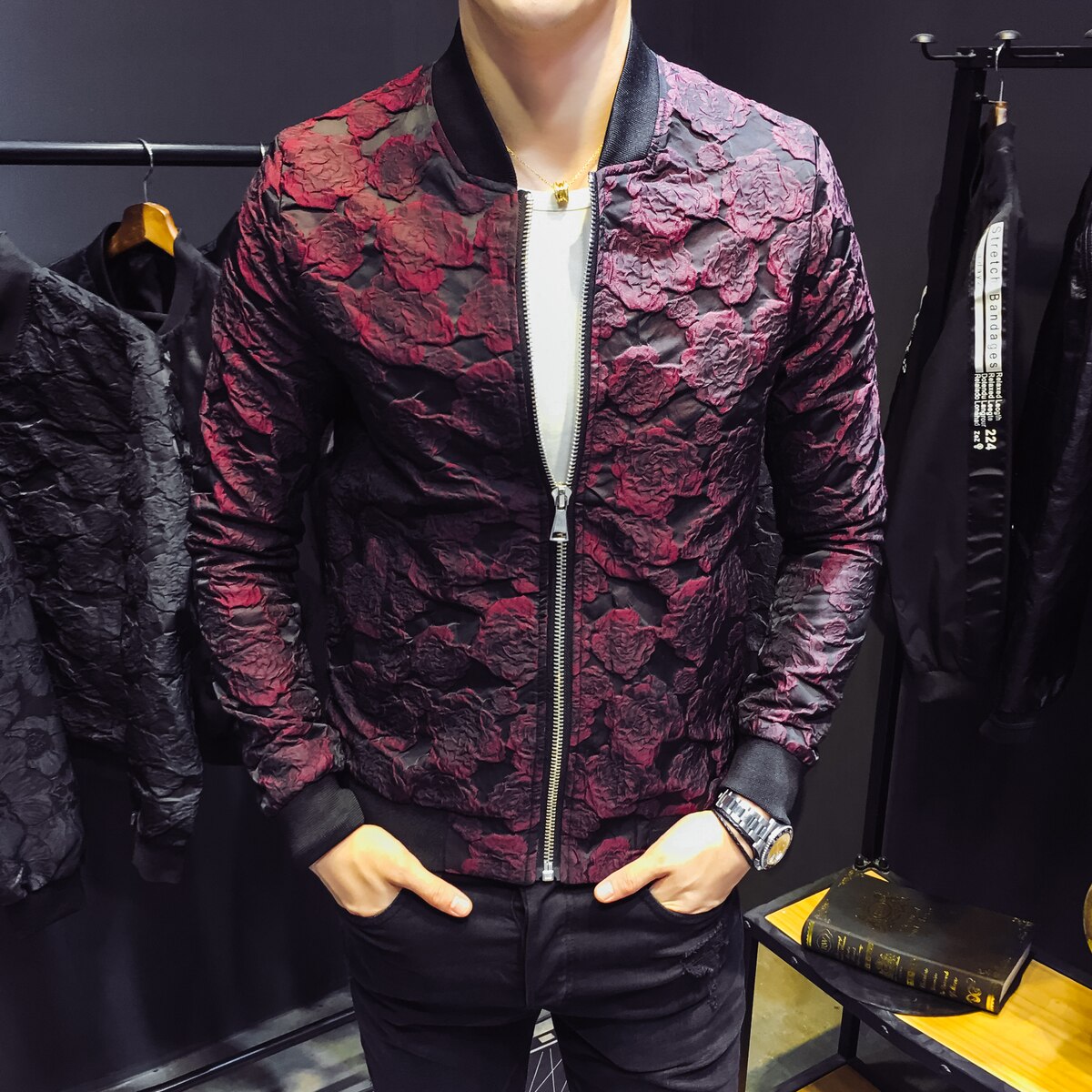 Autumn Jacquard Bomber Jackets Men Luxury Wine Red Black Grey Party Jacket Outfit Club Bar Coat Men Casaca Hombre 4XL: wine red / 3XL