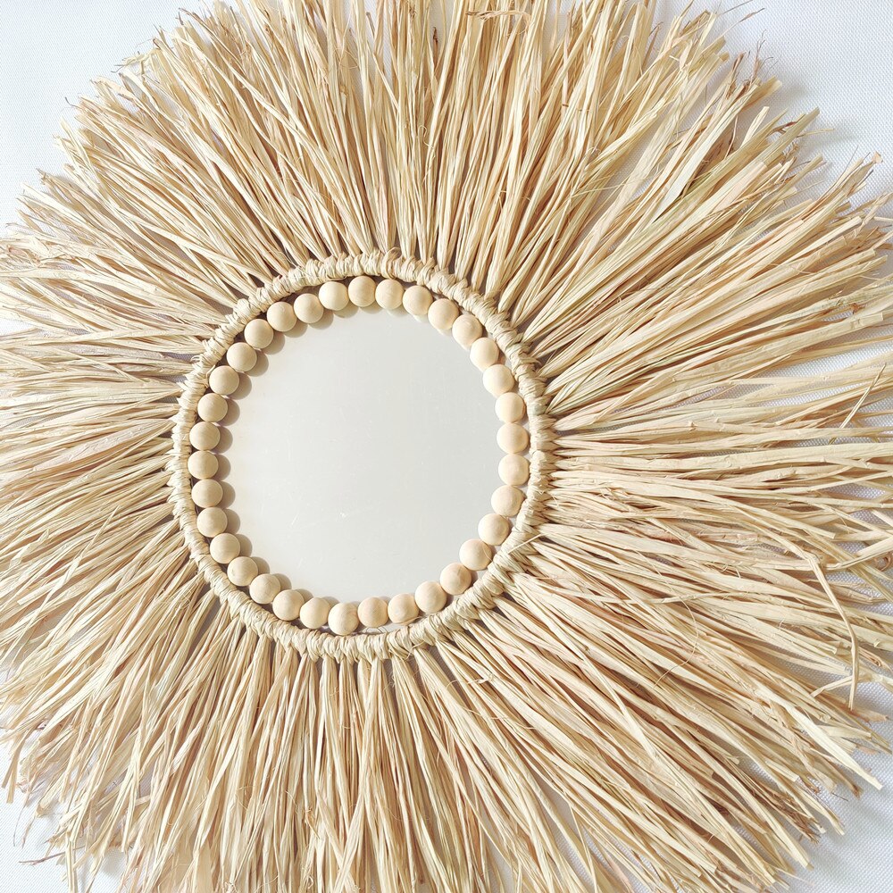 Miroir de paille rond tissé en bois marocain, nordique, perles de maquillage suspendues, ornements muraux, artisanat de décoration de maison