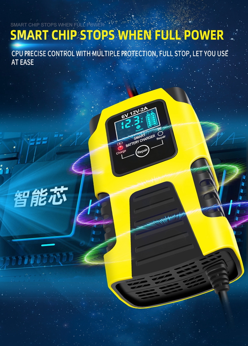 2A Universal Full Automatic Digital LCD Display Car Motorcycle Battery Charger 6V 12V Smart Battery Clips Starting Device