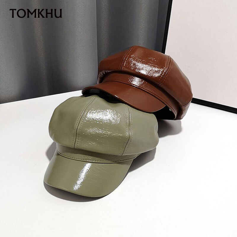 Eleganckie czapki dla kobiet jasny sztuczny skórzany rondo ośmiokątny kapelusz dorywczo beret jesień czapka zimowa brytyjskie kapelusze retro dama koreańnarty