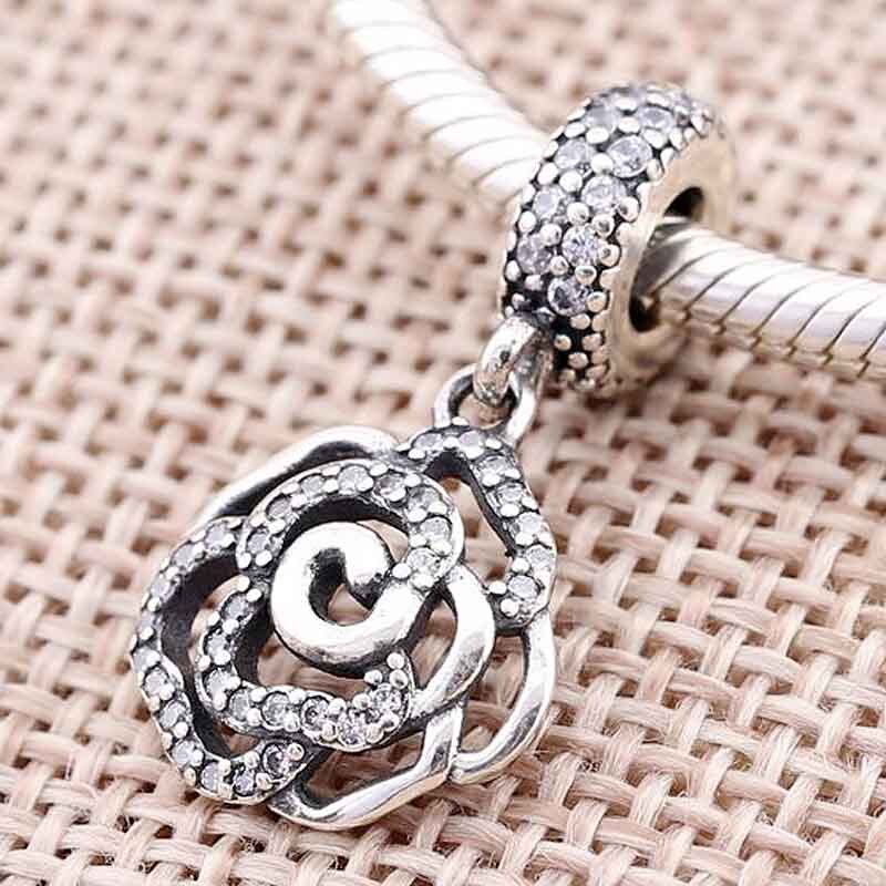 Originele Opengewerkte Rose Bloem Met Crystal Hanger Kraal Fit 925 Sterling Zilveren Kraal Charm Armband Diy Sieraden