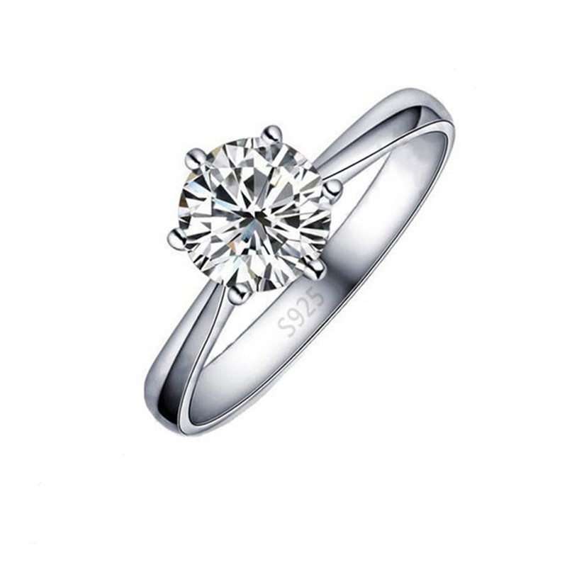 Elegante klassische echte 925 Sterling Silber Fingerringe Schmuck Kristall Kubische Zirkone 6 Krallen Frauen Hochzeit Anillos