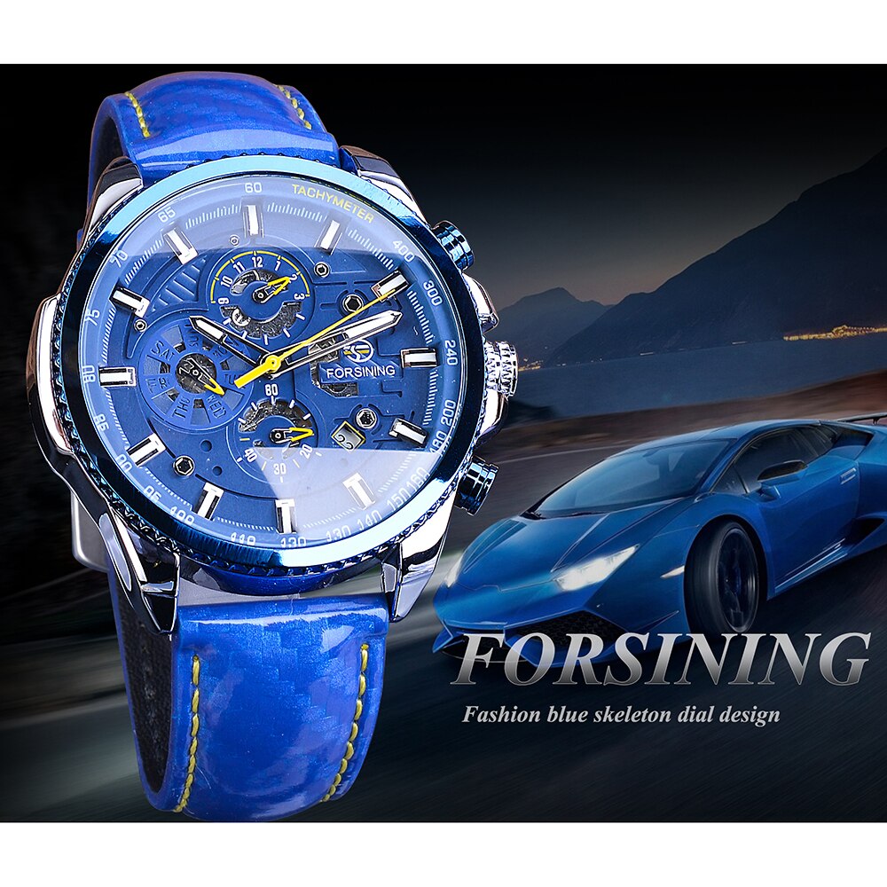 Forsining Cool Automatische Horloge Heren Blue Luxe Staal 3 Sub Dial Analoge Datum Dag Polish Lederen Band Klok Mechanische horloges