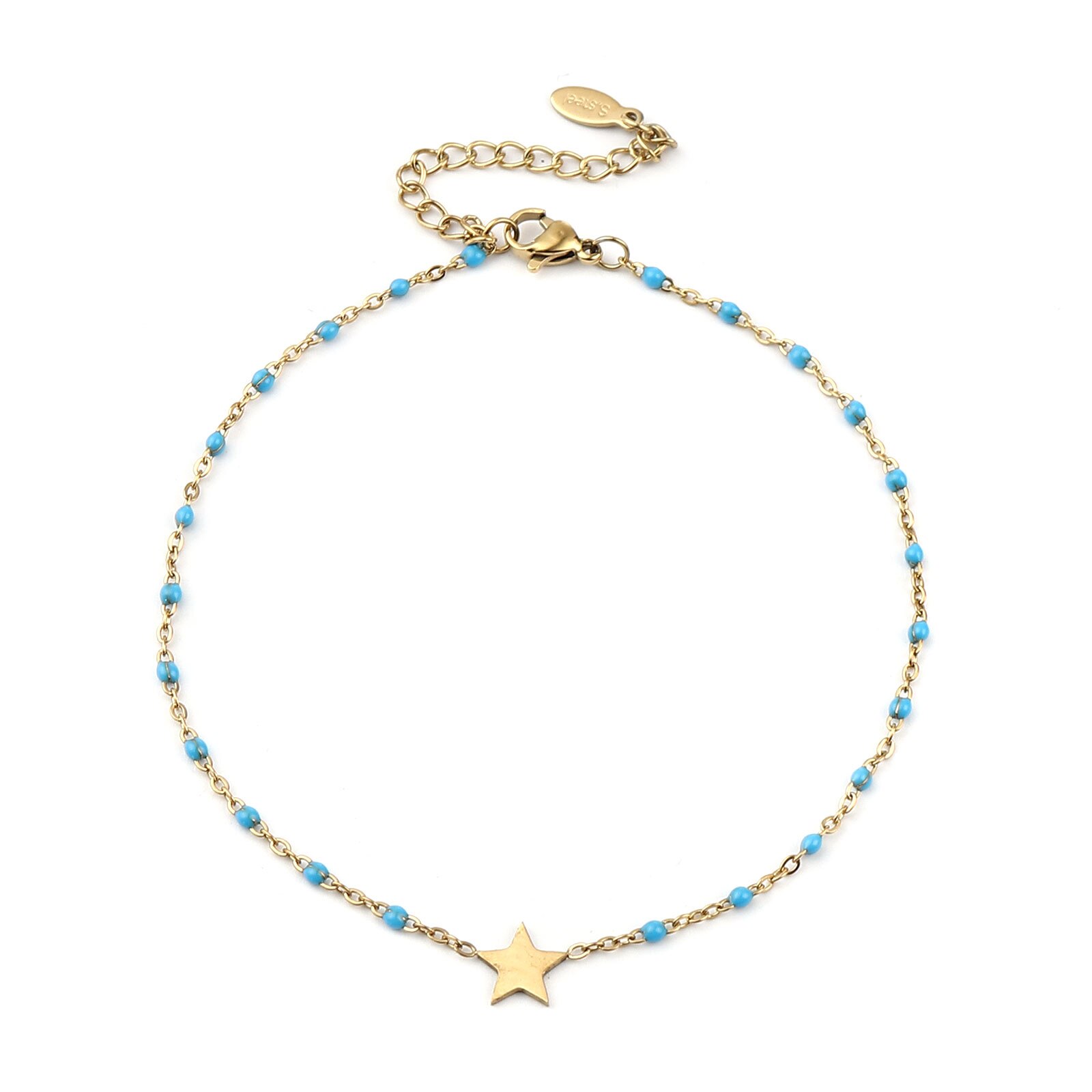 1 PC Stainless Steel Anklet Star Gold Color Enamel Multicolor On Foot Ankle Bracelets Women Men Leg Link Chain Jewelry 23cm: light blue