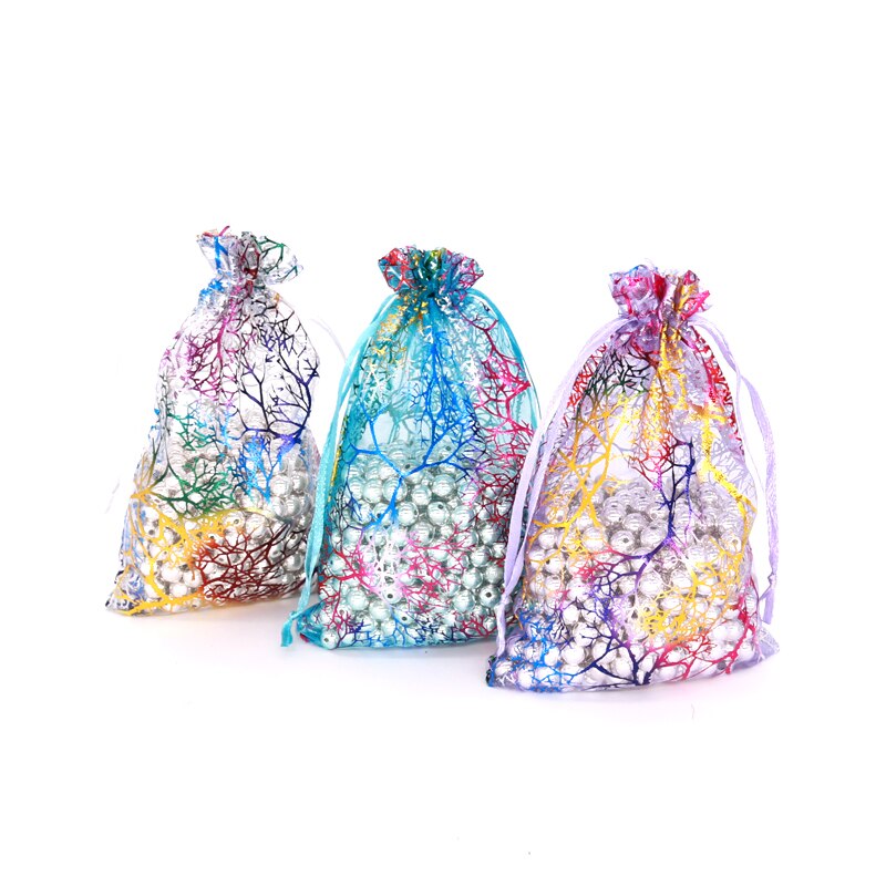20 sztuk/partia koral wzór torby z organzy 7x9 9x12 13x18 cm Charms kosmetyki torby do pakowania biżuterii party sznurkiem prezent torba torebki