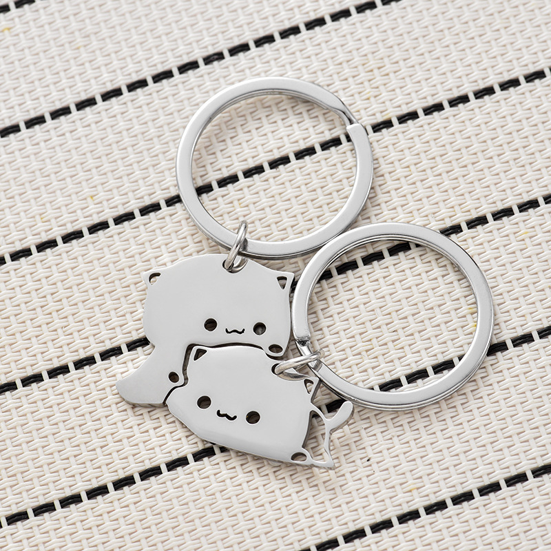 1 Pair Creativity Cute Stainless Steel Cartoon Cat Keychain Couple Animal Matching Key Ring Pendants Valentine Friendship