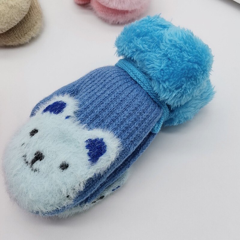 Baby Nette Bär Handschuhe Hängen Hals Winter Stricken Wolle Neugeborenen Fäustlinge Samt Dicke Kinder kinder Halten Finger Warme 4-7 jahre Neue