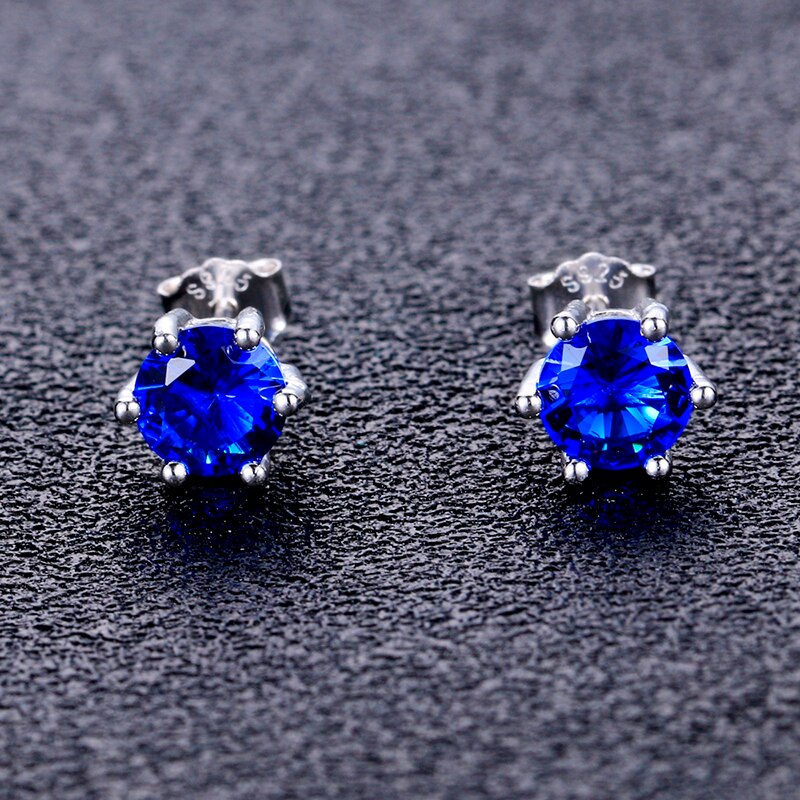 Female Ear Studs 925 Sterling Silver Fine Jewelry Round AAAAA Royal Blue Zircon Wedding Engaging Party