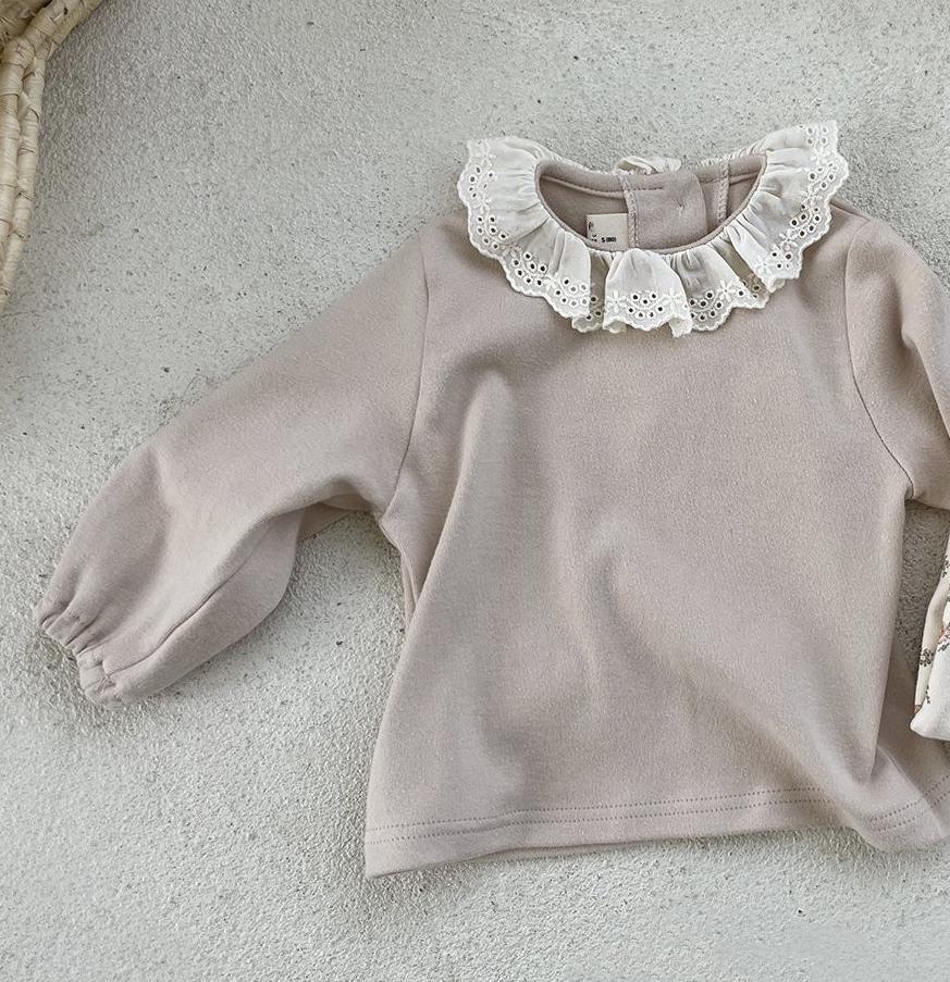 2022 Lente Herfst Baby Meisje Lange Mouw T-shirt Ruches Kanten Kraag Meisjes Blouse Baby Bloemen Dieptepunt Shirts Katoen tops: solid / 6M  66cm