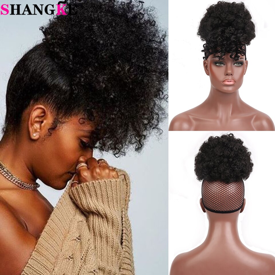 Shangke Synthetische Afro Kinky Haar Broodje Ombre Kleur Trekkoord Paardenstaart Met Krullend Pony Clip In Hair Extension Puff Haar broodje