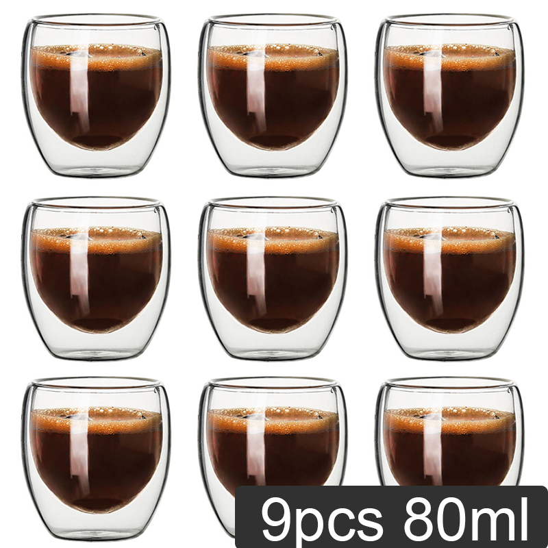 80ML Double Wall Glass Cup Transparent Handmade Heat Resistant Tea Drink Cups MINI Whisky Cup 100 centigrade Espresso Coffee Cup: 80ml x 9