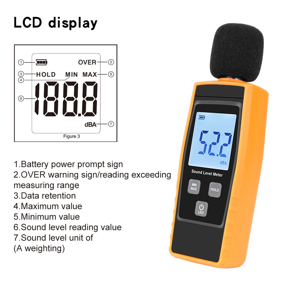 LCD Digital Sound Level Meter DB Meters 30-130dBA Noise Volume Measuring Decibel Monitoring Tester with Max/Min/Data Hold Mode