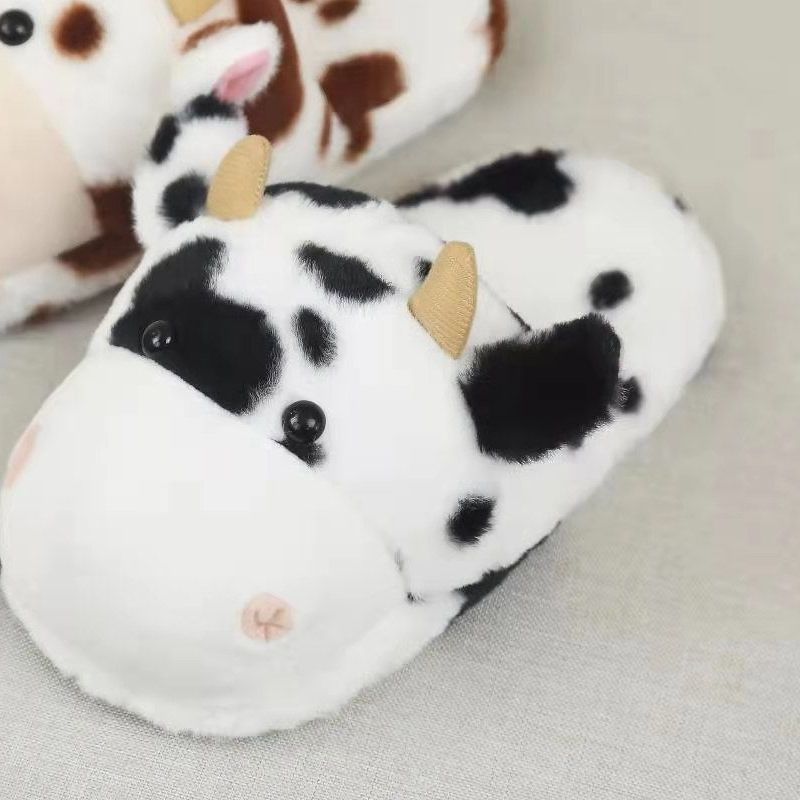 Kawaii Cow Plush Home Slippers Girls Home Non-slip Slippers Cute Animal Home Shoes Indoor Home Cow Cotton Slippers: Black / 8