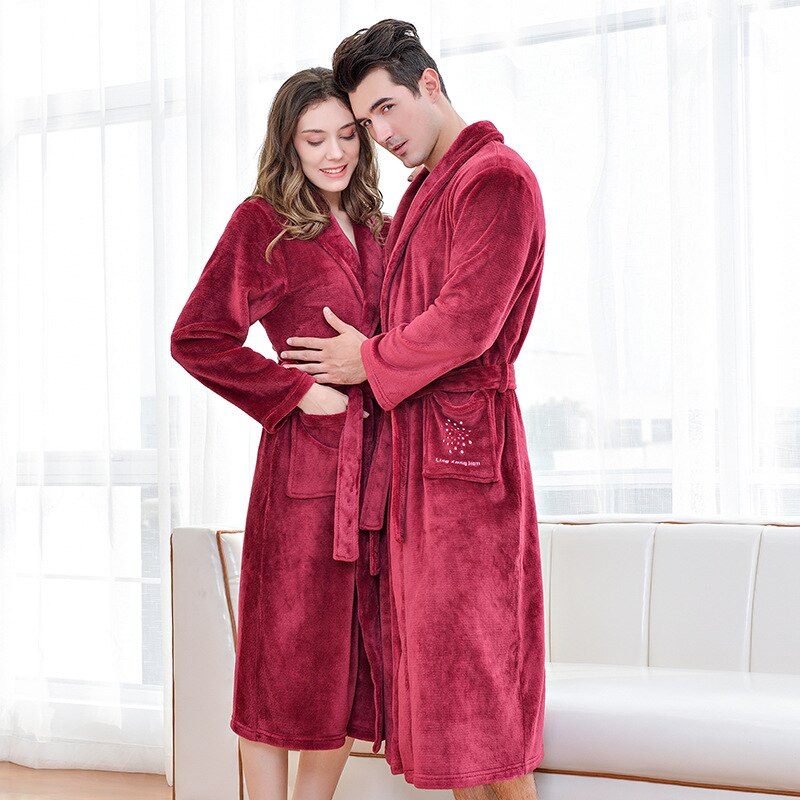 Syyskylpytakki unisex-flanellikannella kauluksella kylpytakki talvella paksu puuvillainen pyjamat miesten kylpytakit pitkät lounge-asut plussize: Viininpunainen / Xl