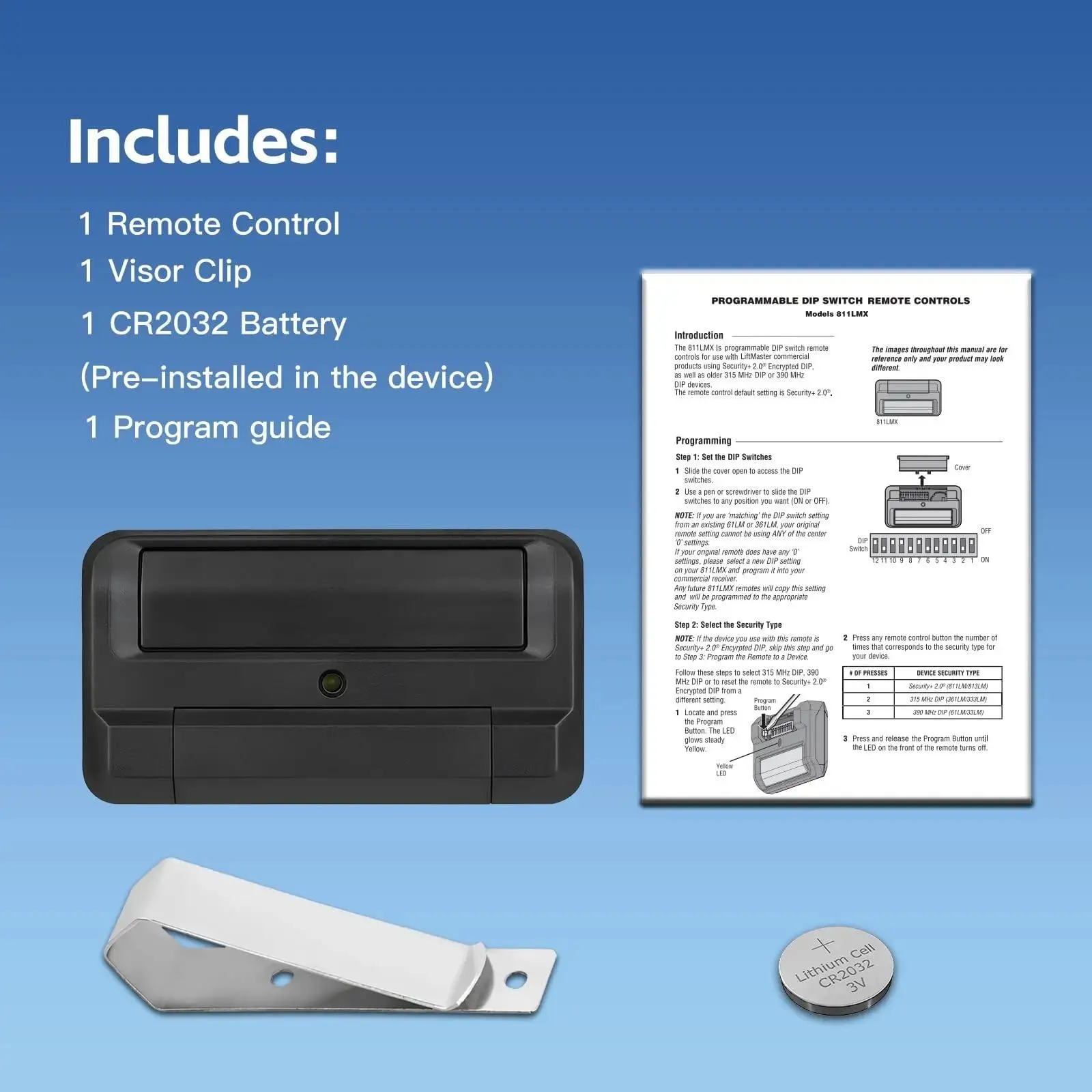 Garage Door Opener Remote Control 2PCS Compatible with 811LMX 811LM Learn Button with Visor Clip