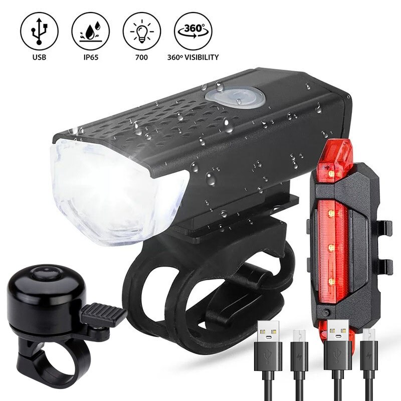 Bike Light Set USB Rechargeable 350 Lumens MTB Bicycle Lamp Front Headlight Bicycle LED Flashlight Lantern Lights: black-bell