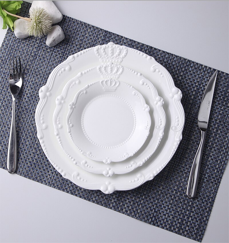 Juego de 3 piezas de porcelana blanca en relieve, 6 + 8 + 10 pulgadas, de corona, juego de platos de cerámica para cena, platos para servir de boda: Default Title