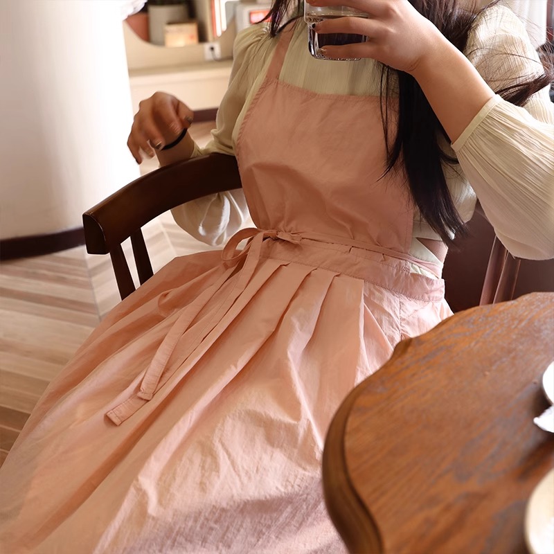 Delantal ligero impermeable para salón de belleza, uñas, camarera, a prueba de aceite, largo plisado, delantales de cocina para jardín para mujer con bolsillos: Borgoña