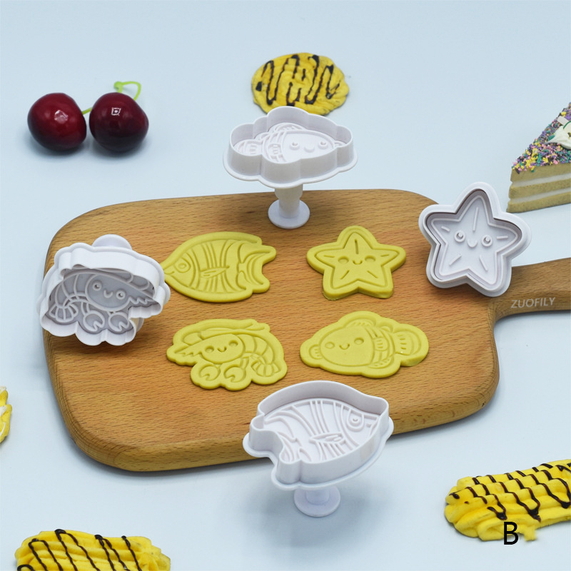 Molde para galletas de la serie de animales marinos, platillo de medusas del océano, cortador de galletas de émbolo DIY, juego de hornear, molde para glaseado de pasteles Fondant, 4 piezas