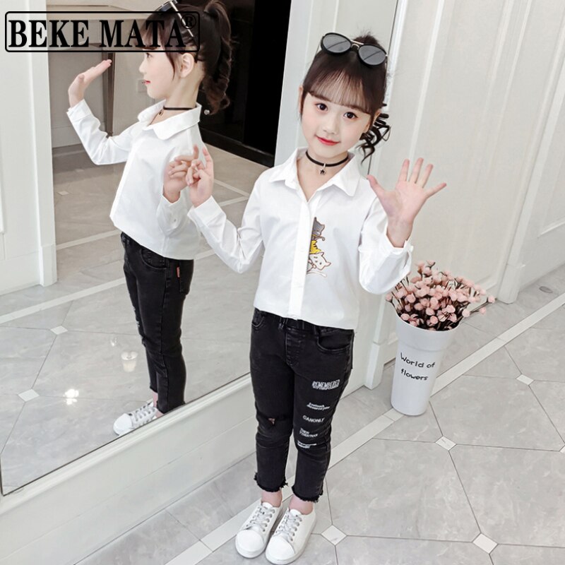 Beke mata blusa branca para crianças meninas 2022 primavera menina grande topos de manga longa adolescente escola meninas camisas roupas infantis 4 a 13