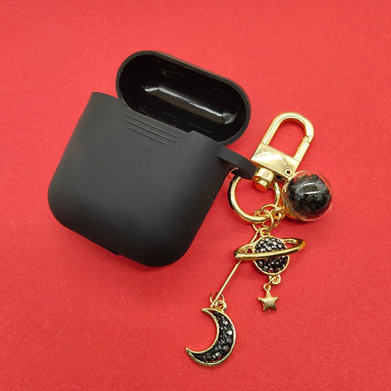 Luxury Diamond Moon Silicone Case for Apple Airpods Case Accessories Bluetooth Earphone Headphones Protect Cover Pearl Key Ring: Black