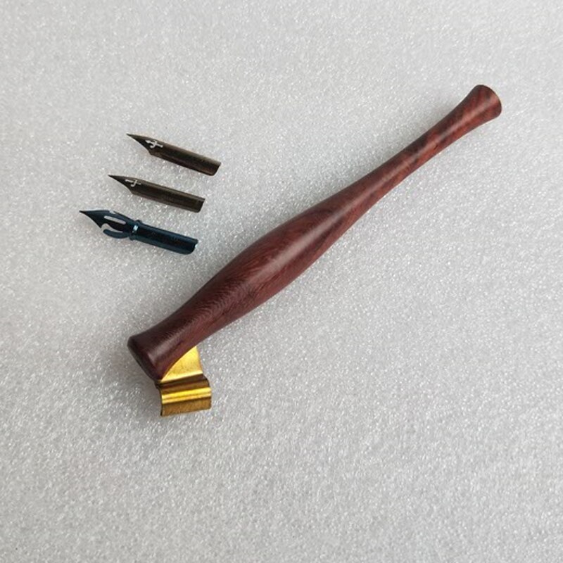 Handmade Solid Wood Oblique Calligraphy Copperplate Script Antique Dip Pen Set with 1 Pen Holder 3 Nibs Dip Pens