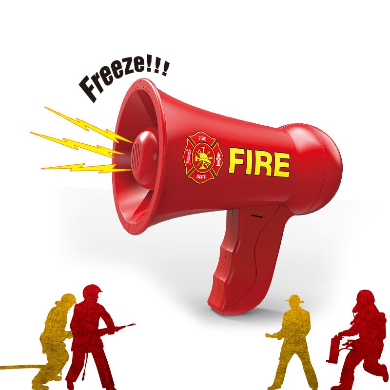 Børn foregiver lege brandmænd legetøj megafon horn brandredningsværktøj udendørs cosplay forældre-barn uddannelse spillegetøj