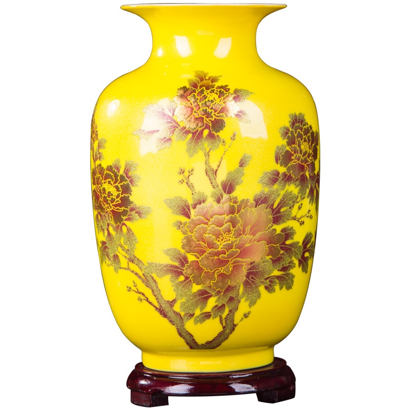 Chinese Style Vase Jingdezhen Yellow Crystal Glaze Flower Vase Home Decor Handmade Shining Famille Rose Vases