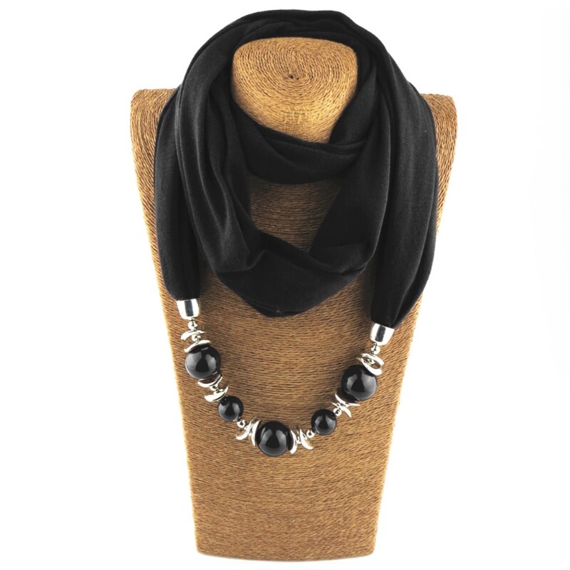 Womens Neckerchief Ring Scarf Necklaces Beads Solid Color Jewelry Shawl