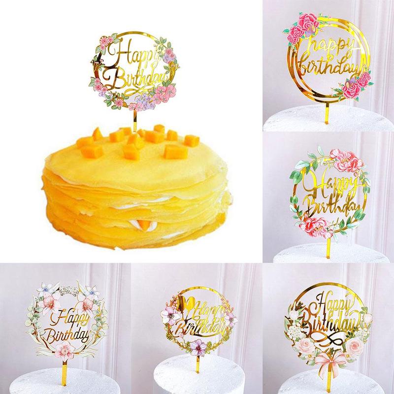 Gelukkige Verjaardag Cupcake Toppers Kleurrijke Bloemen Acryl Bakken Party Dessert Cake Voor Kids Feestartikelen Topper Decoratie M6Q1