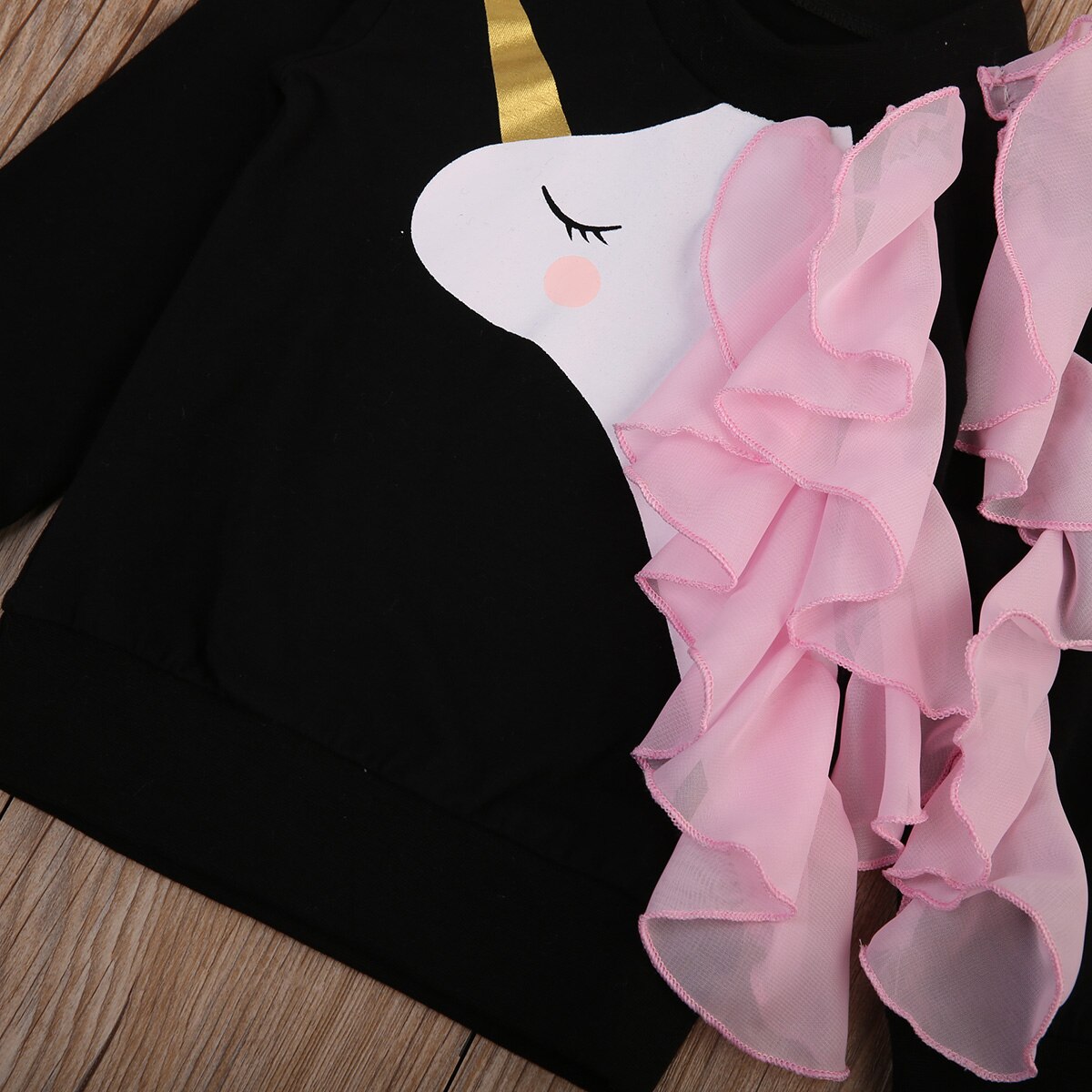 Cute Newborn Baby Girls Long Sleeve 3D Unicorn Pink Lace Ruffle Long Sleeve Black Tops T shirt Clothes