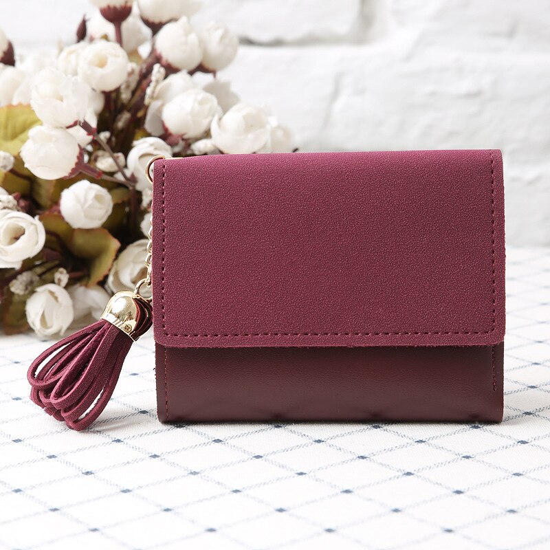 Bolsa feminina de estilo novo com borla geada, 30% de desconto, carteira curta, carteira zero, carteira de estudante carteira de couro feminino: Maroon