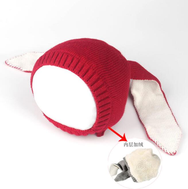 Chapeau en coton tricoté avec oreilles de lapin pour bébé, accessoires de photographie, automne et hiver: Plus velvet red