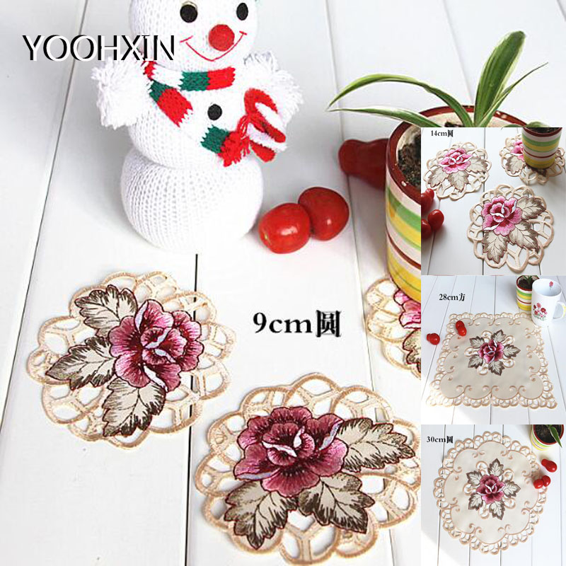 TOP Lace satin rose embroidery place table mat cloth pad cup doily Napkin coaster Year placemat Christmas wedding kitchen