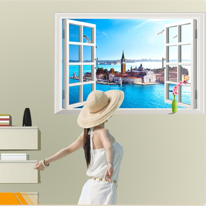 Moderne Zee Stad Landschap Window 3D Muurstickers Voor Woonkamer Slaapkamer Achtergrond Decoratie Decals Pvc Art Sticker Home Decor