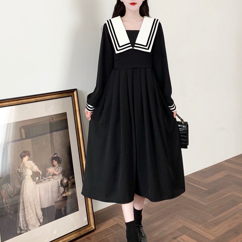 2022 japanese style jk uniform suit lapel a-line skirt student jk dress long sleeve suit girl jk uniform dress loose black dress