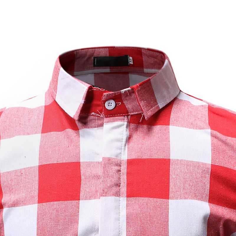 Mens Short Sleeve Checkered Button-Down Blouse White Plaid Red Shirt Mens Fashions Chemise Homme Dress Shirts Men Clothes YS55