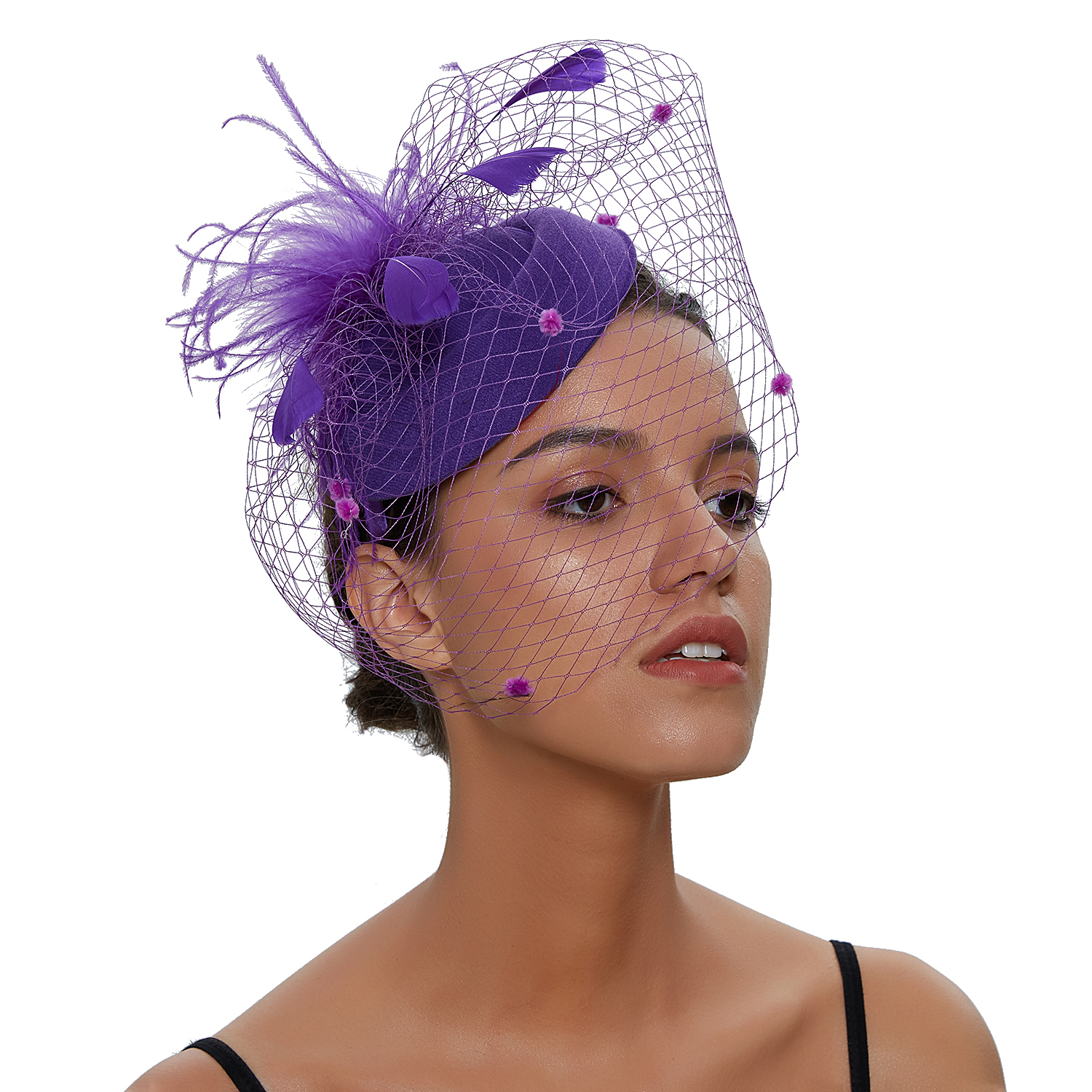 Womens Vilt Tovenaar Hoed Visnet Sluier Kleine Pluche Golf Punt Decor Haarspeldjes Bruiloft Bruids Cocktail Hoofddeksels Tovenaar: Lavendel